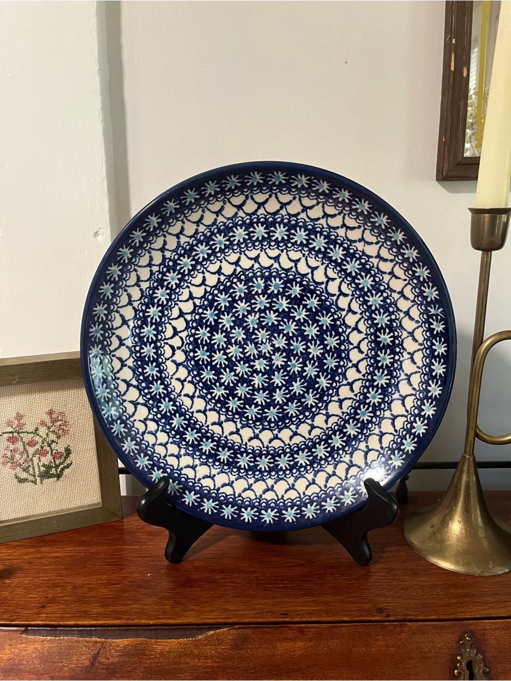 Polish Pottery Hand Painted Plate Blue Flower Print